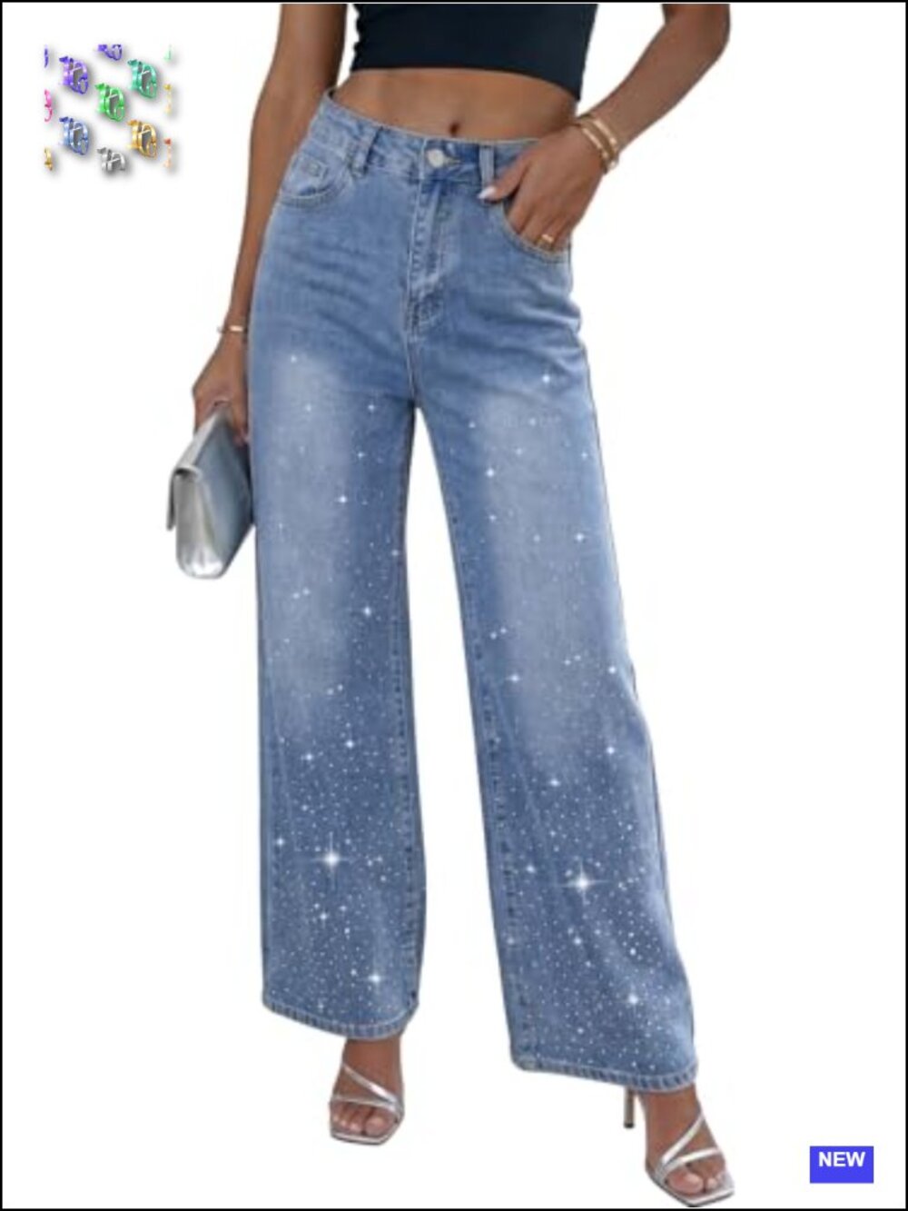 High Waisted Wide Leg Baggy Rhinestone Jeans Y2K